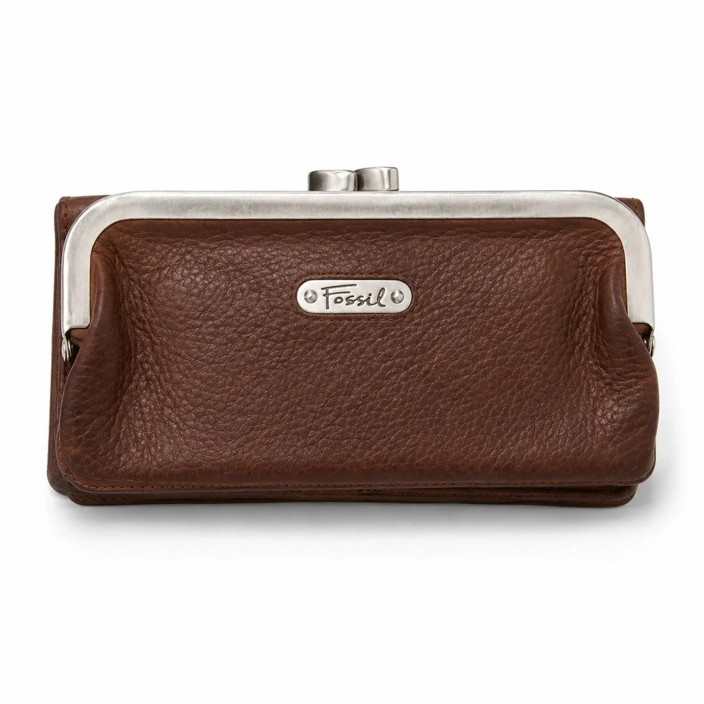 Fossil Kisslock Leather Clutch Wallet Brown Coin Pouch Card Holder Vintage